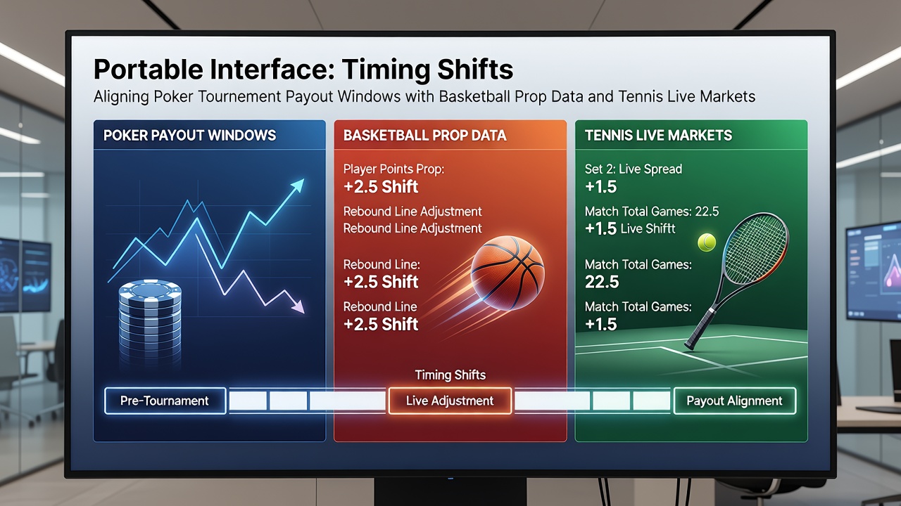 Darstellung einer mobilen Schnittstelle mit synchronisierten Poker-Turnier- und Basketball-Wettfenstern